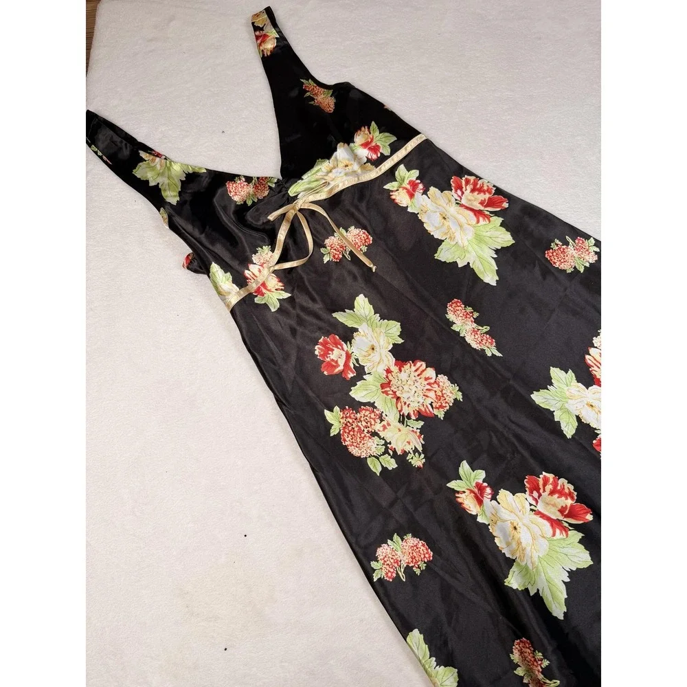 Jones New York Gown Womens Medium Black Floral Satin Chemise Adjustable Strap